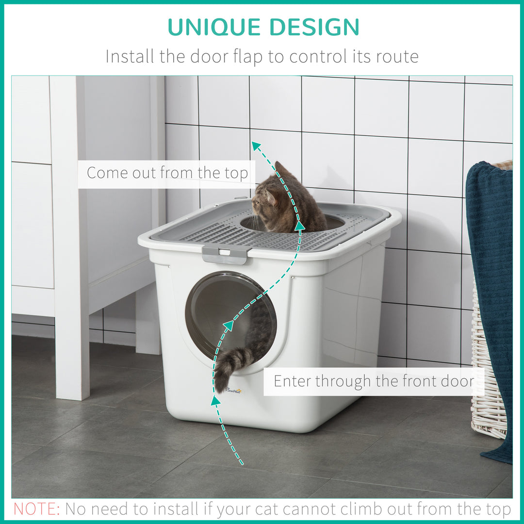 MCL Cat Litter Box, Pet Toilet, Enclosed Kitten Pan with Front Entrance Top Exit, High Side, Scoop, White