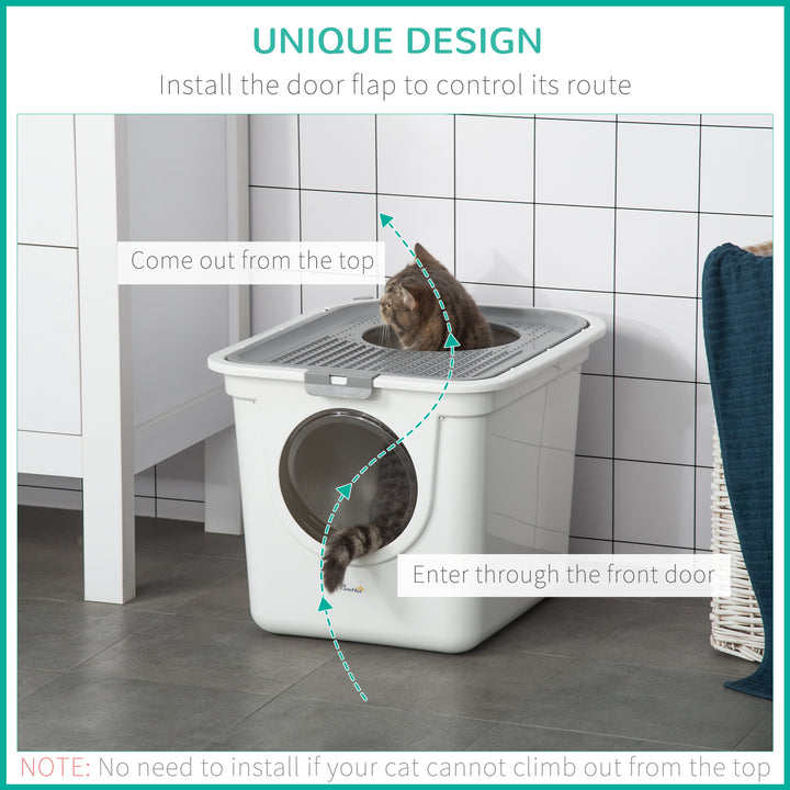Cat Litter Box, Pet Toilet, Enclosed Kitten Pan with Front Entrance Top Exit, High Side, Scoop, White