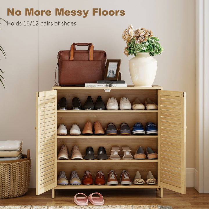 Bamboo Shoe Cabinet with Louvered Doors, 14 Pairs Shoe Storage Cabinet