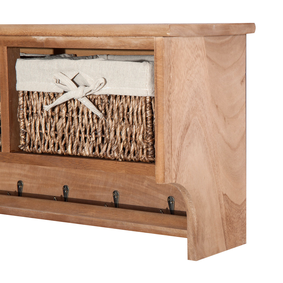 Entryway Coat Rack Wall Mounted Shelf w/ 2 Corn Husk Baskets and Hooks, Brown