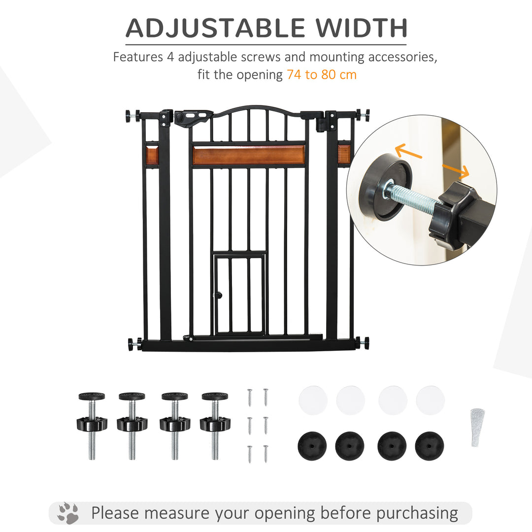 Pet Gate Safety Gate, with Cat Flap, Auto Close, for Staircases, Doorways, Hallways, 74-80cm Wide - Black