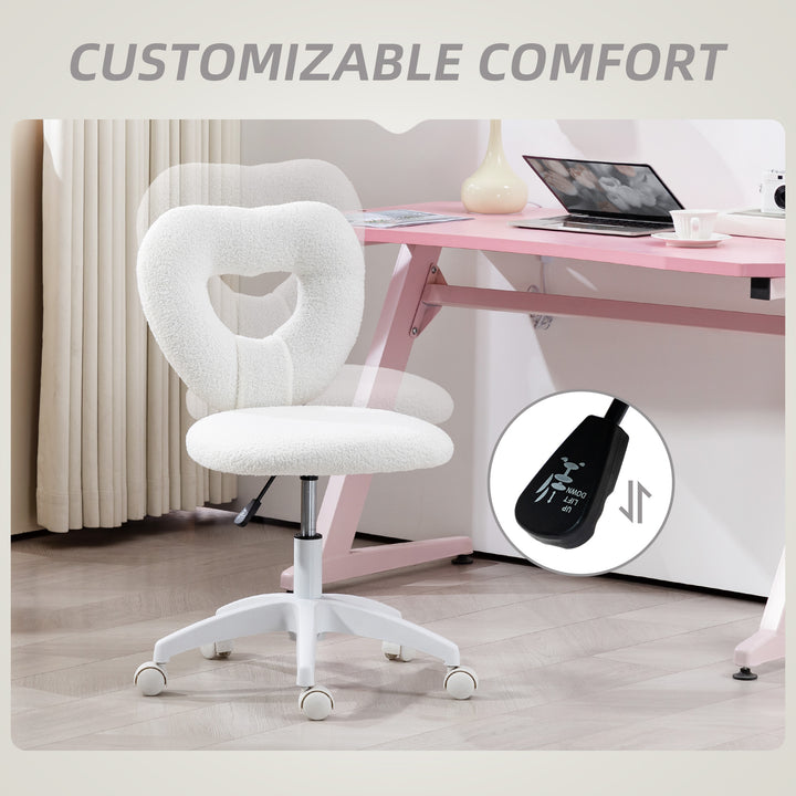 Armless Heart Computer Desk Chair, Teddy Fleece Swivel Office Chair, Makeup Vanity Chair with Height Adjustable, Wheels, for Home Study Bedroom, White