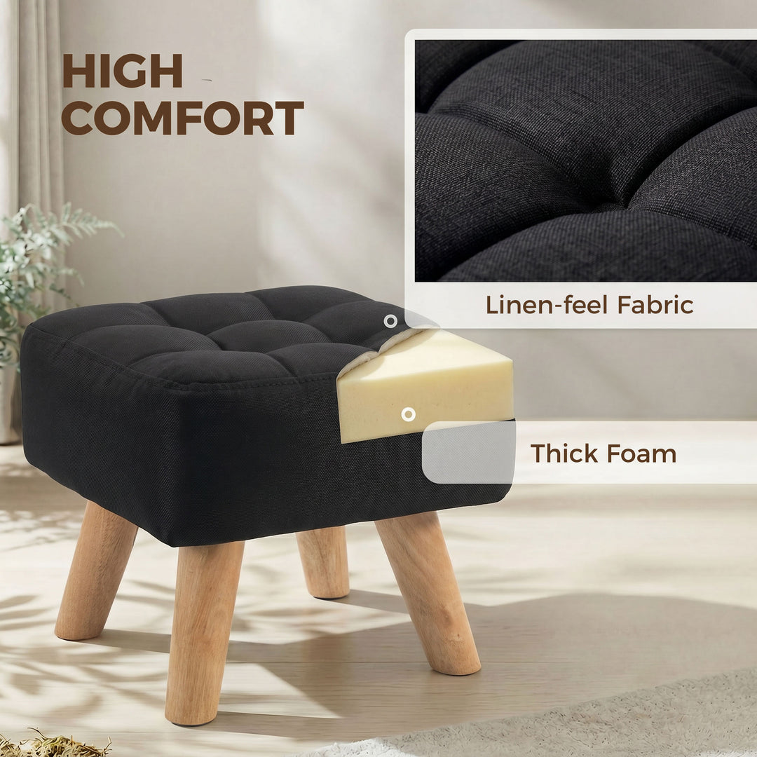 Linen-Look Square Padded Footstool - Black