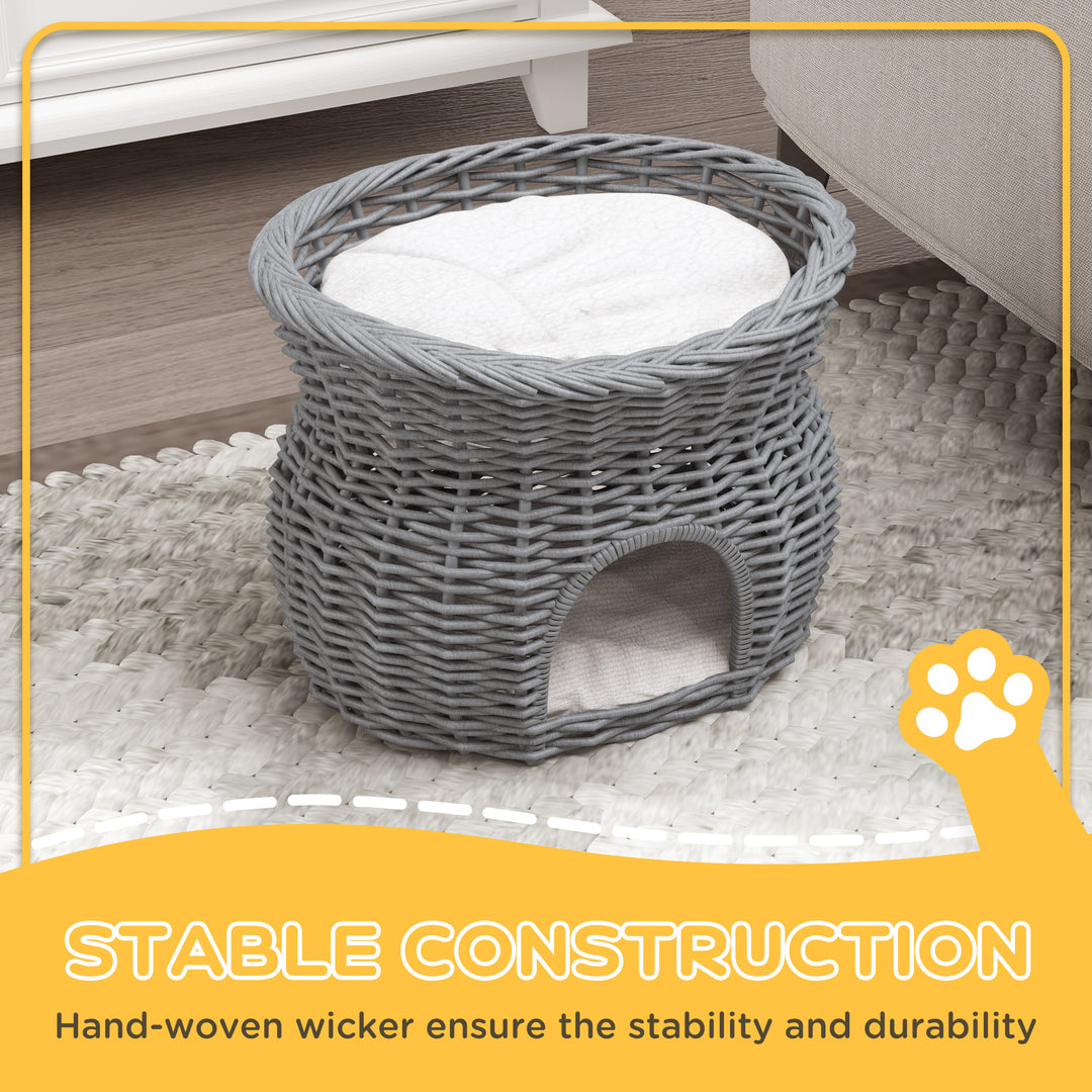 2-Tier Wicker Cat House Elevated Pet Bed Basket Willow Kitten Tower Pet Den. with Washable Cushions 56x37x40cm Grey