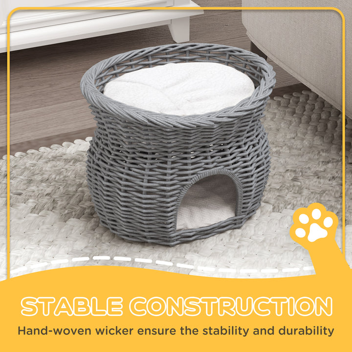 2-Tier Wicker Cat House Elevated Pet Bed Basket Willow Kitten Tower Pet Den. with Washable Cushions 56x37x40cm Grey