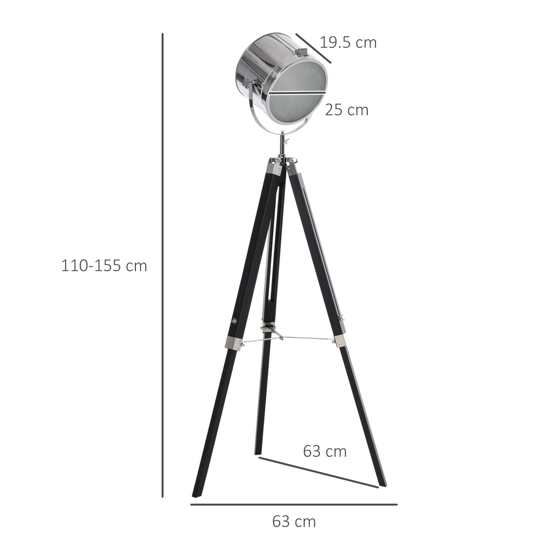 MCL Industrial Style Adjustable Tripod Floor Lamp, Searchlight Lamp with Wooden Legs and Steel Lampshade, 110-155cm, Black