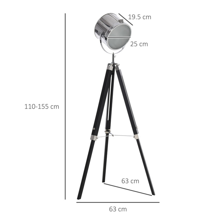 MCL Industrial Style Adjustable Tripod Floor Lamp, Searchlight Lamp with Wooden Legs and Steel Lampshade, 110-155cm, Black