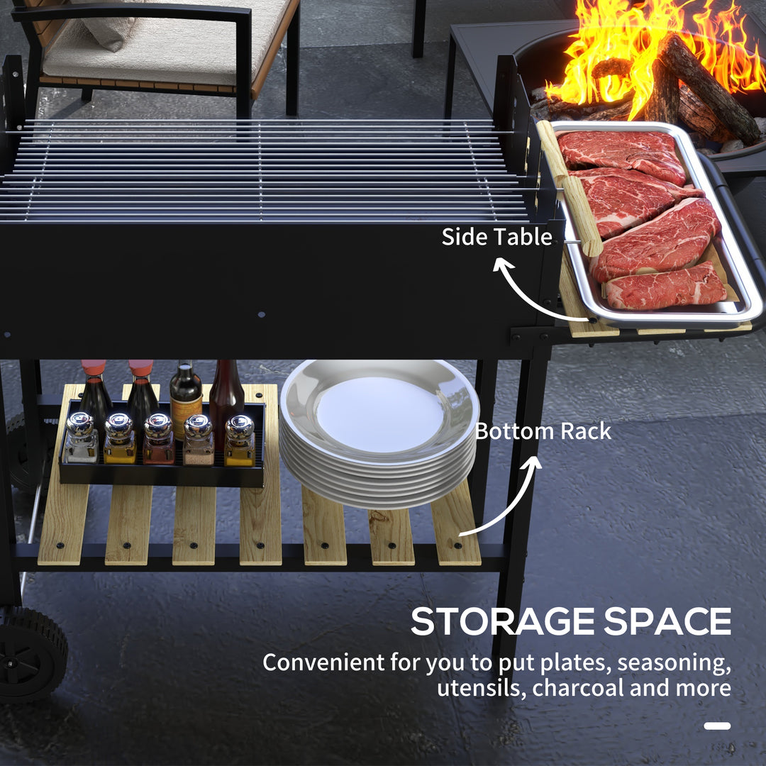Charcoal BBQ Grill, Barbecue Trolley with Double Adjustable Grill, Sid