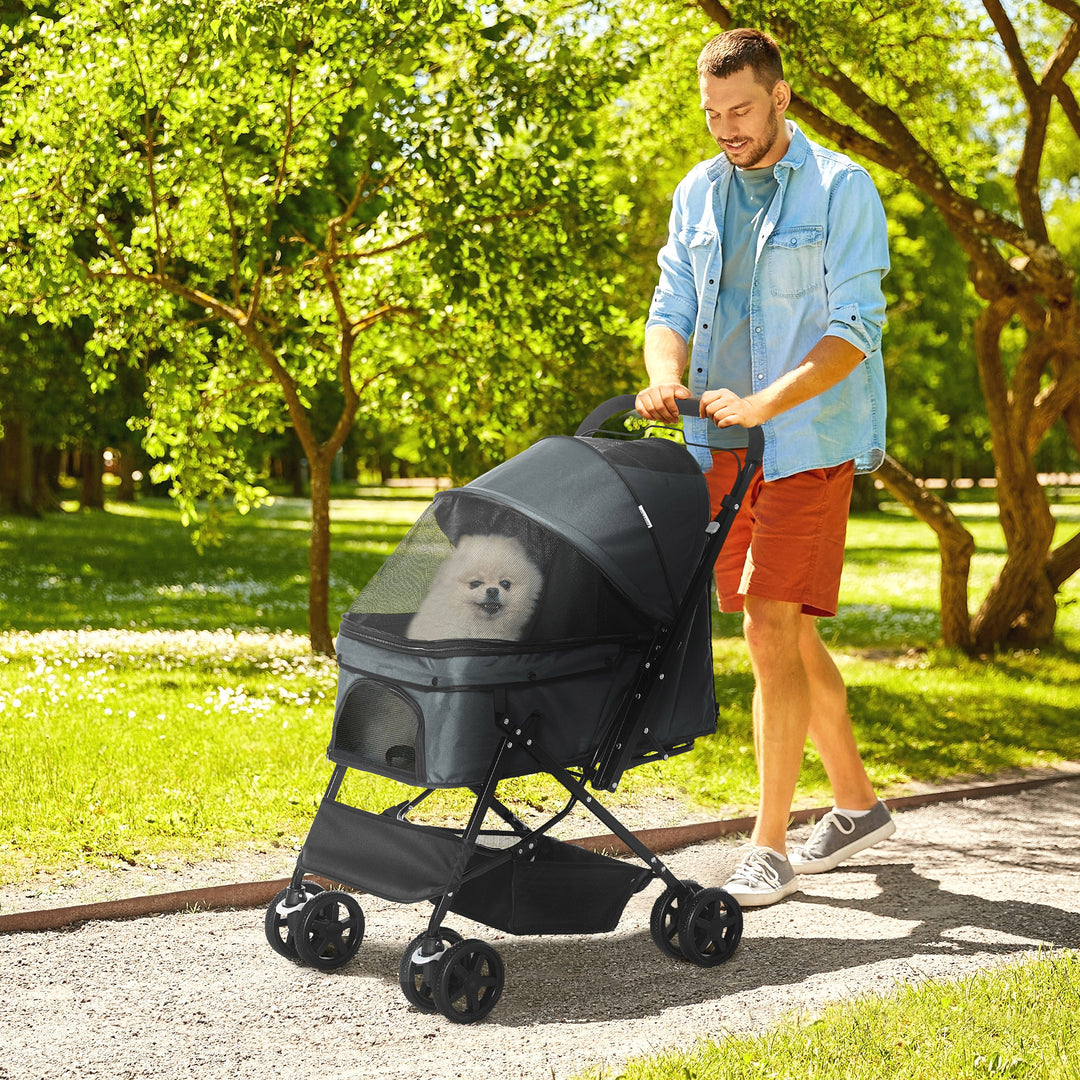 Pet Stroller Pushchair Foldable Travel Dog Cat Carriage w/ Reversible Handle Brake Basket