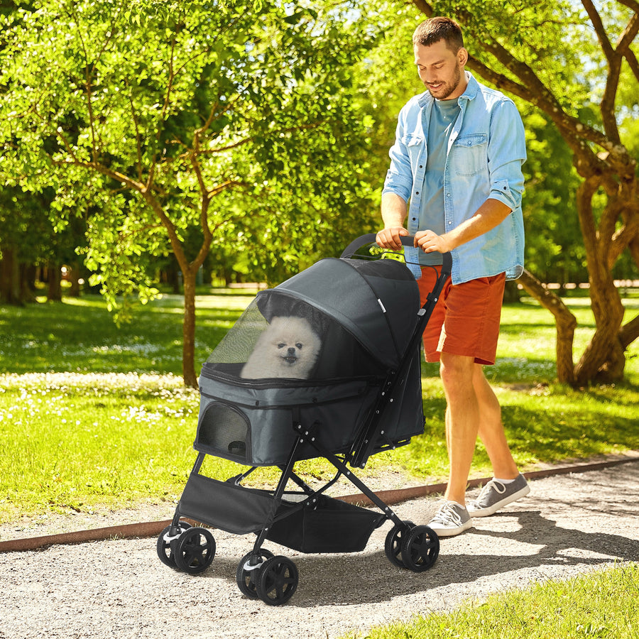 Pet Stroller Pushchair Foldable Travel Dog Cat Carriage w/ Reversible Handle Brake Basket