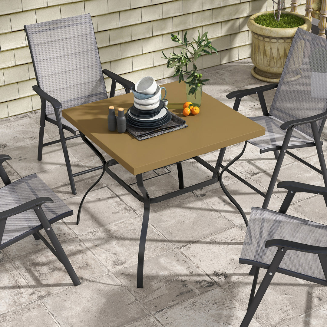 Outsunny Dia. 80cm Square Garden Dining Table with Umbrella Hole, Outdoor Dining Table with Marble Effect Top for 4 People, Black/Brown | Aosom UK