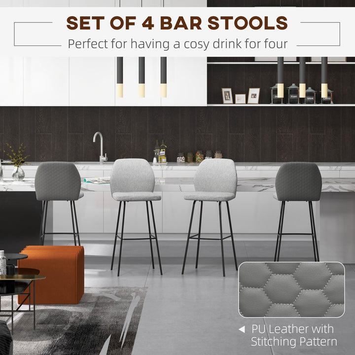 Bar Stools Set of 4, Linen-Touch Upholstered Bar Chairs, Kitchen Stools with Backs and Steel Legs for Dining Room, Light Grey