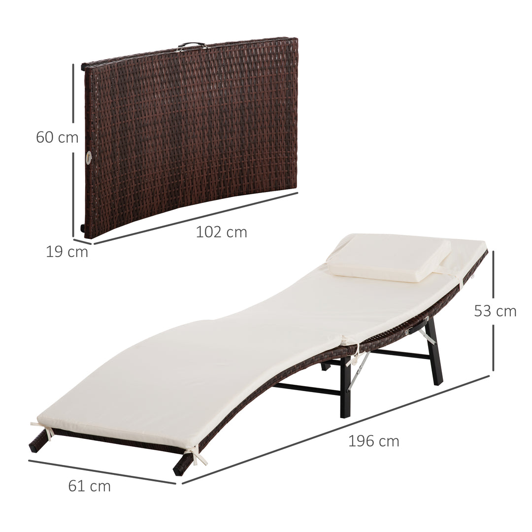 Outsunny Waterproof Rattan Garden Furniture Folding Sun Lounger Outdoor Chair Wicker Weave Bed with Cushion and Pillow Brown | Aosom UK