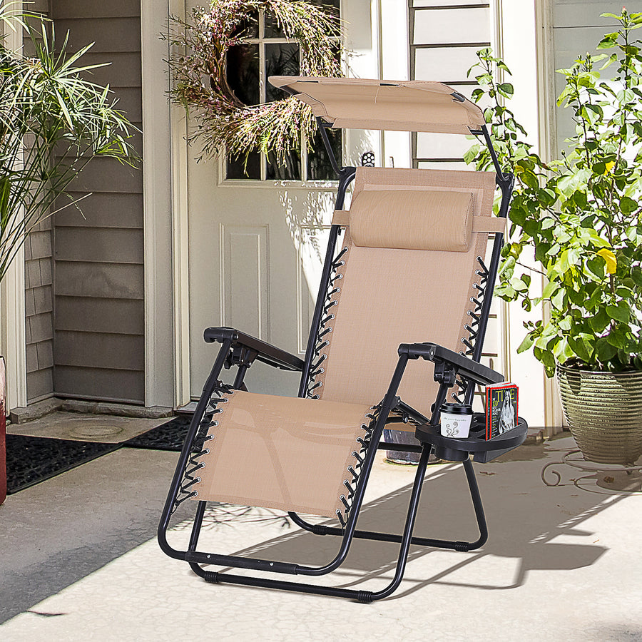 Foldable Reclining Garden Chair with Headrest, Zero Gravity Deck Sun Lounger Seat Chair with Footrest, Armrest, Cup Holder & Canopy Shade, Beige