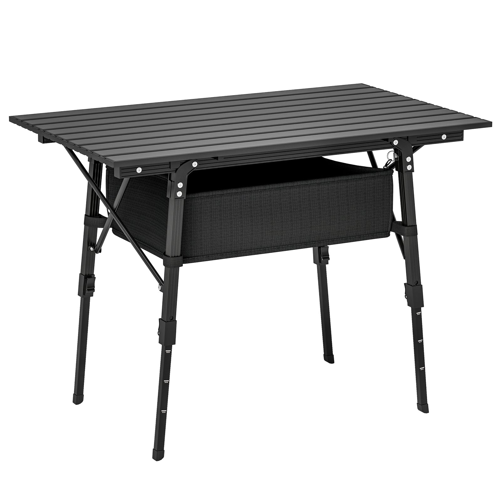 Folding Camping Table, 90 x 55 cm Height Adjustable Portable Collapsible Table, 3ft Lightweight Aluminium Rollup Picnic Table with Storage Basket for Outdoor Garden Party BBQ, Black