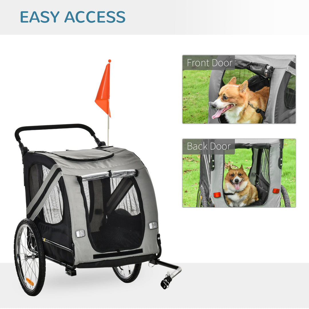 2-In-1 Pet Bike Trailer Dog Stroller Pushchair with Universal Wheel Reflector Flag Grey