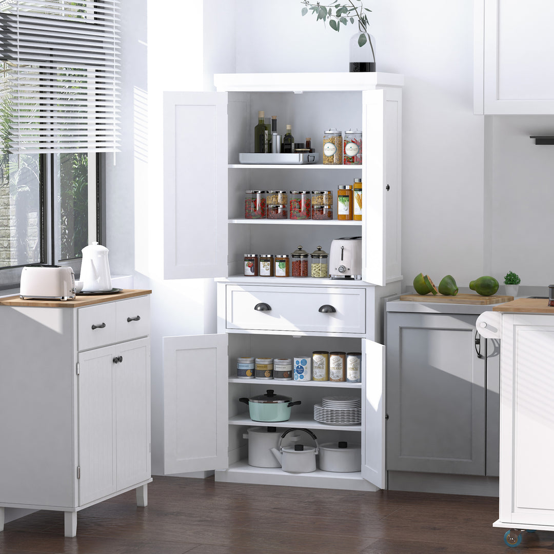 Freestanding Kitchen Cupboard, 184cm Tall Storage Cabinet with Doors and Shelves, Traditional Colonial 4-Door Kitchen Pantry Cupboard with Drawer, White