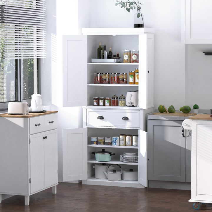 Freestanding Kitchen Cupboard, 184cm Tall Storage Cabinet with Doors and Shelves, Traditional Colonial 4-Door Kitchen Pantry Cupboard with Drawer, White
