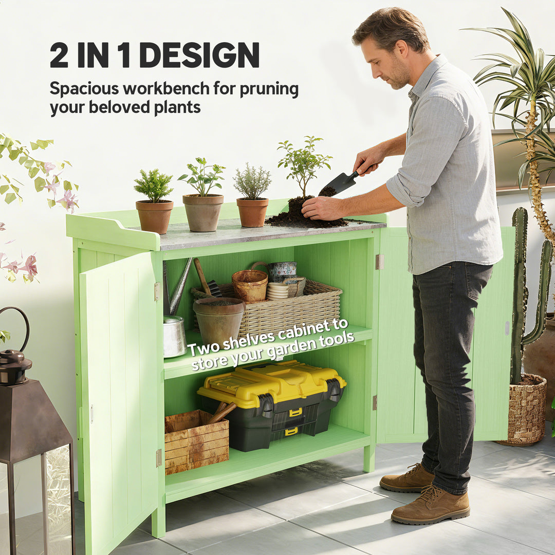 Wood Garden Storage Cabinet, Outdoor Tool Shed, Potting Bench Table wi