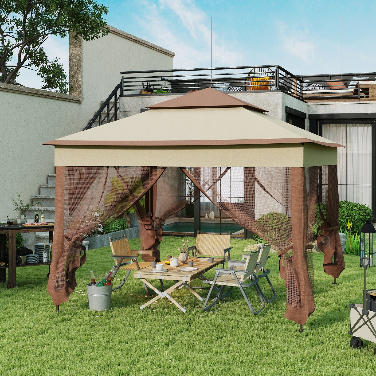 3 x 3(m) Pop Up Gazebo, Double-roof Garden Tent with Netting and Carry Bag, Party Event Shelter for Outdoor Patio, Khaki