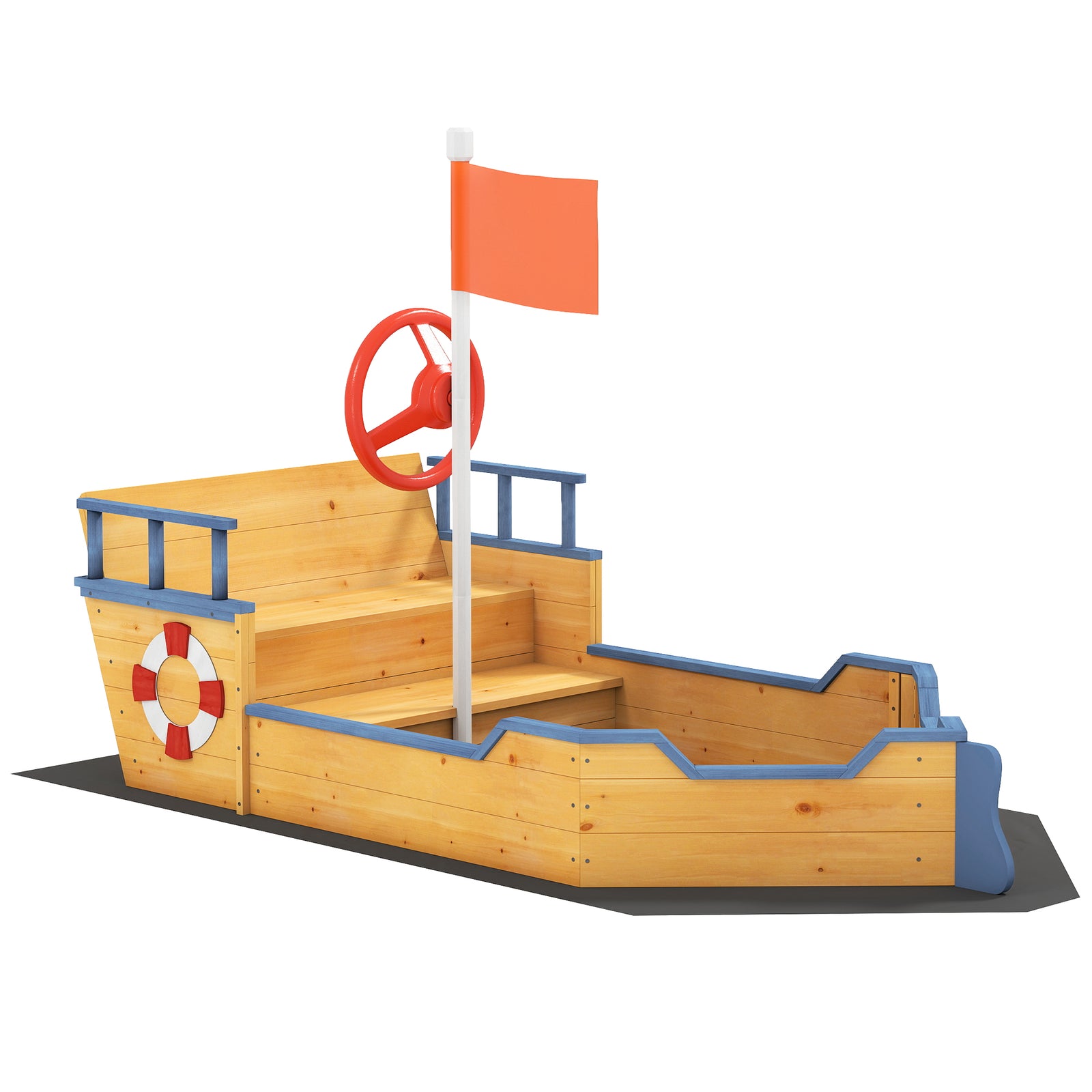 Sand pit Kids Children Sandpit Wooden Pirate Ship Sandboat Outdoor Backyard Playset w/Bench Bottom Liner