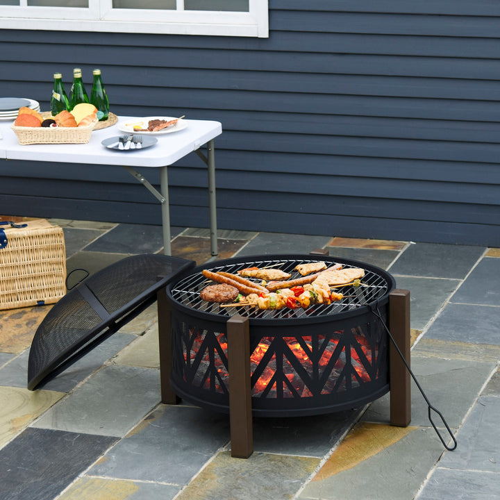 Metal Large Firepit Bowl Outdoor 2-In-1 Round Fire Pit Brazier w/ Lid,