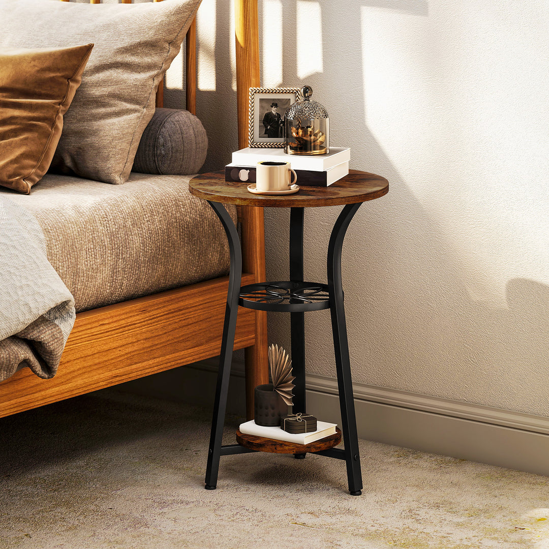 Small Round Side Table with 3 Storage Shelves - Rustic Brown