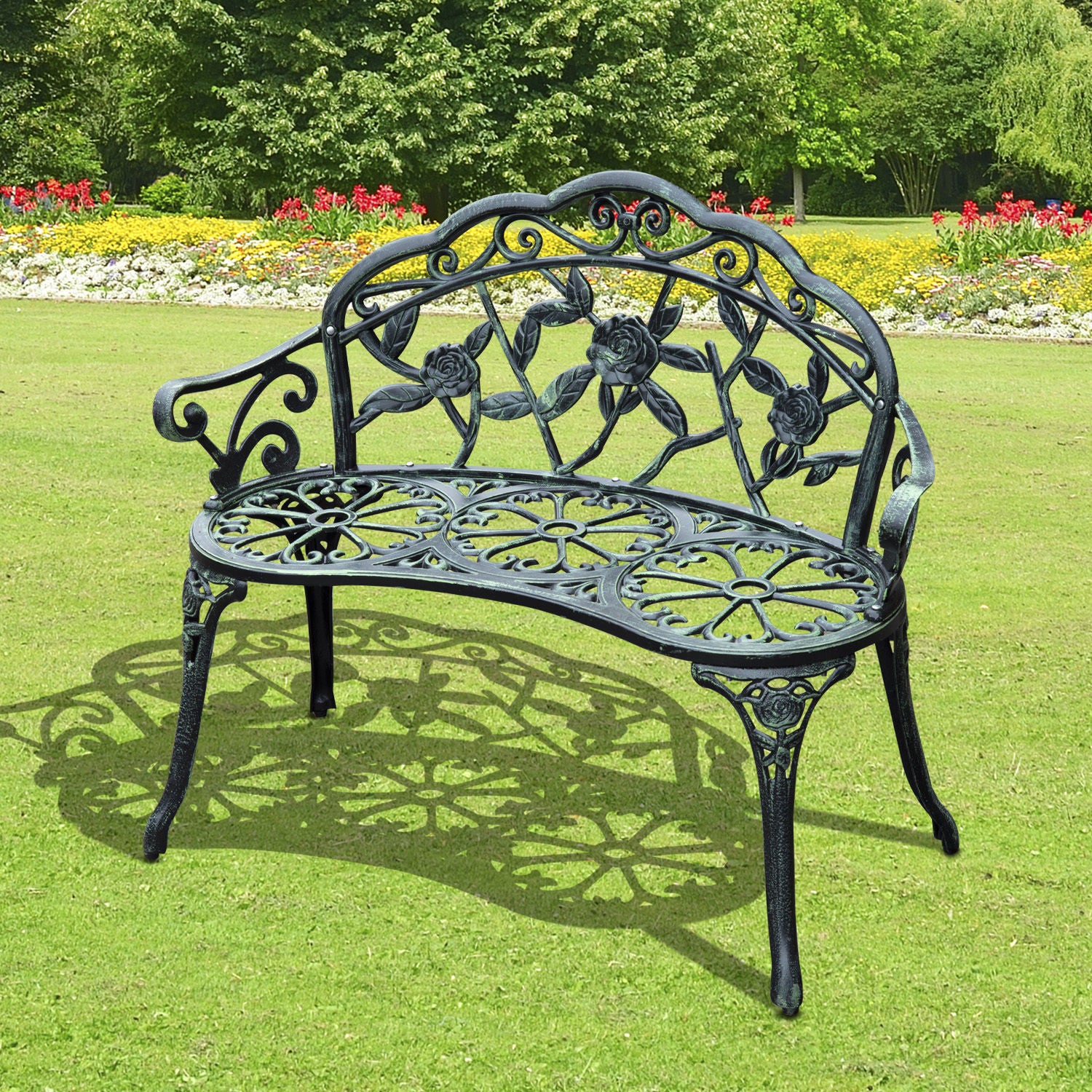 Cast Aluminum Garden Bench-Antique Green