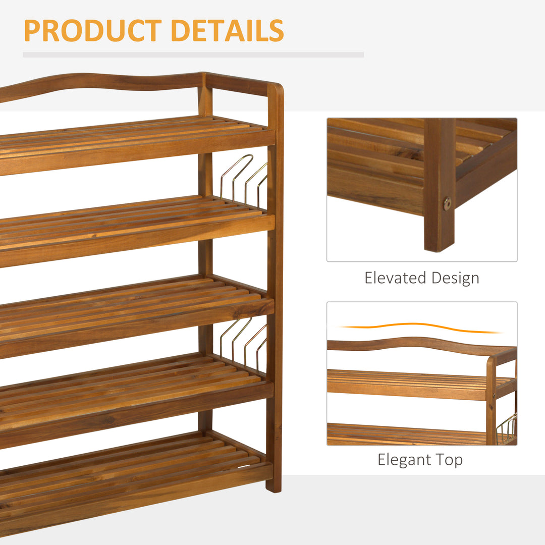 5-Tier Shoe Rack, Acacia Wooden Shoe Storage Organiser with Hangers, Holds up to 19 Pairs, for Entryway, Living Room, 64 x 26 x 82 cm, Teak