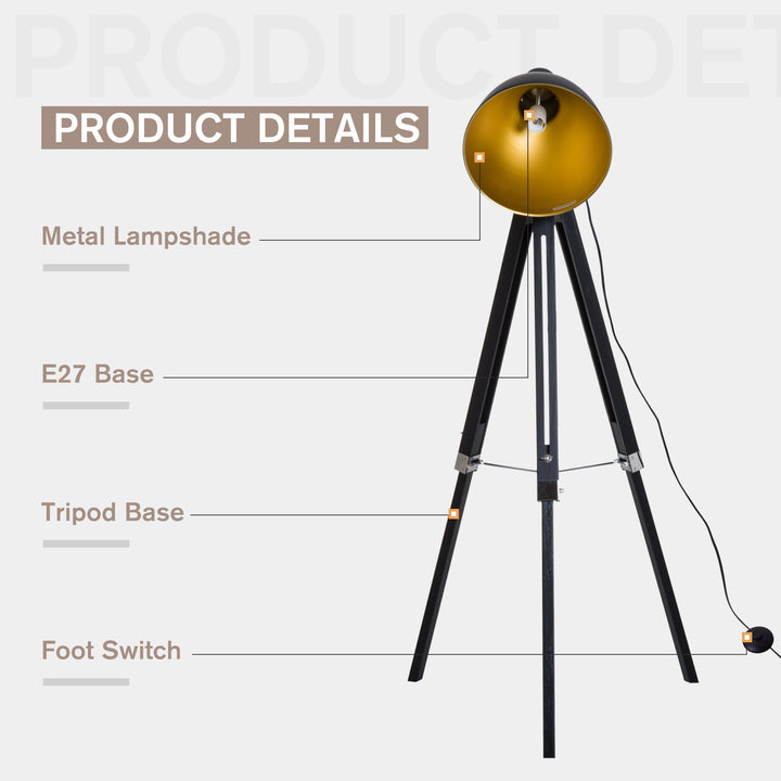 Tripod Floor Lamp, Spotlight Reading Lamp w/ Adjustable Height, Angle, Wood Legs for Living Room, Bedroom, Home, Office, Black and Gold