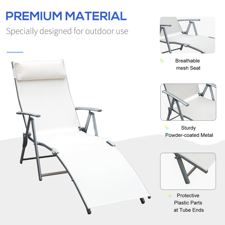 Sun Lounger Steel Frame Outdoor Folding Chaise Texteline Lounge Chair Recliner with Headrest & 7 Levels Adjustable Backrest, Cream White