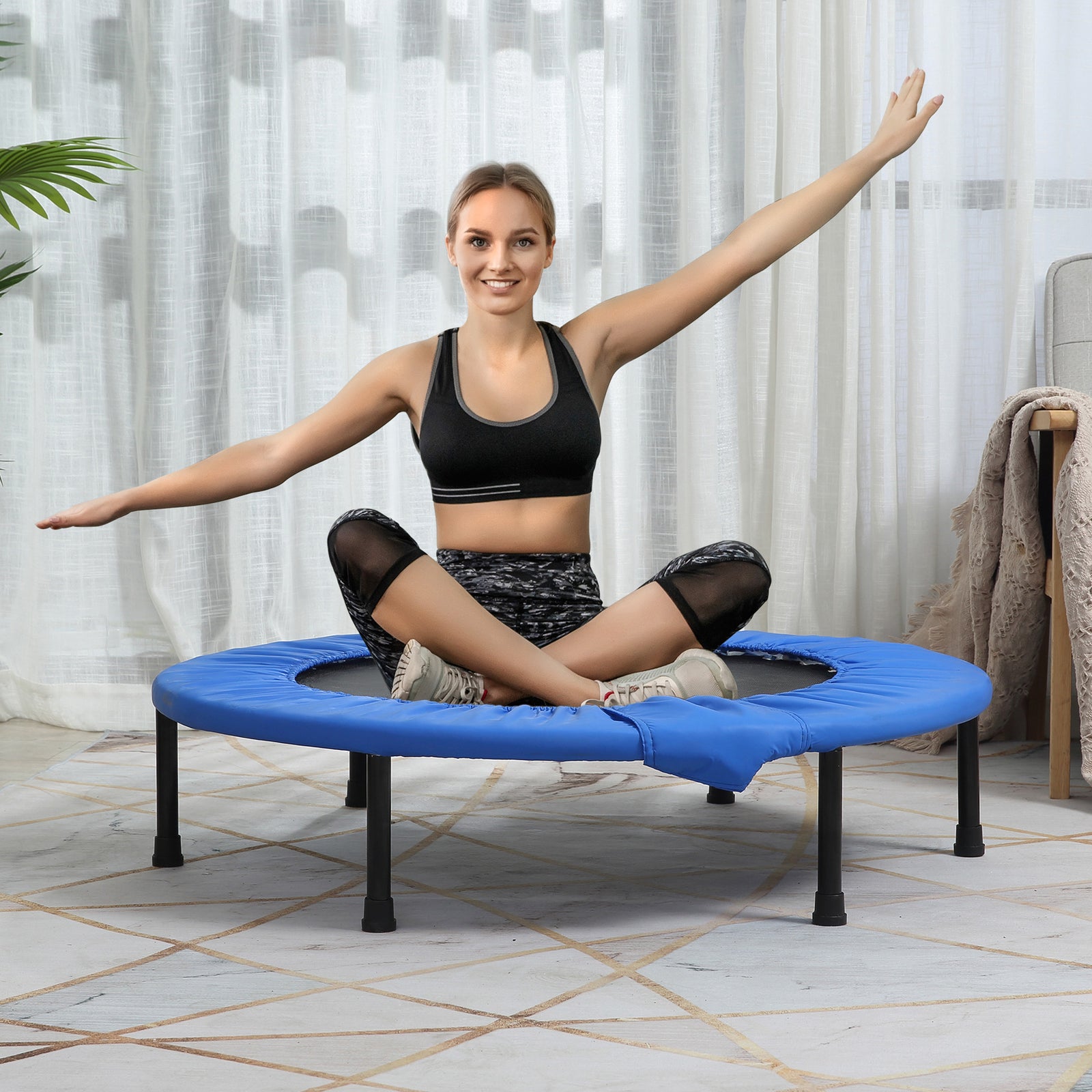 Φ96cm Mini Fitness Trampoline Home Gym Yoga Exercise Rebounder Indoor Outdoor Jumper with Safety Pad, Support Up to 100 KG, Blue and Black