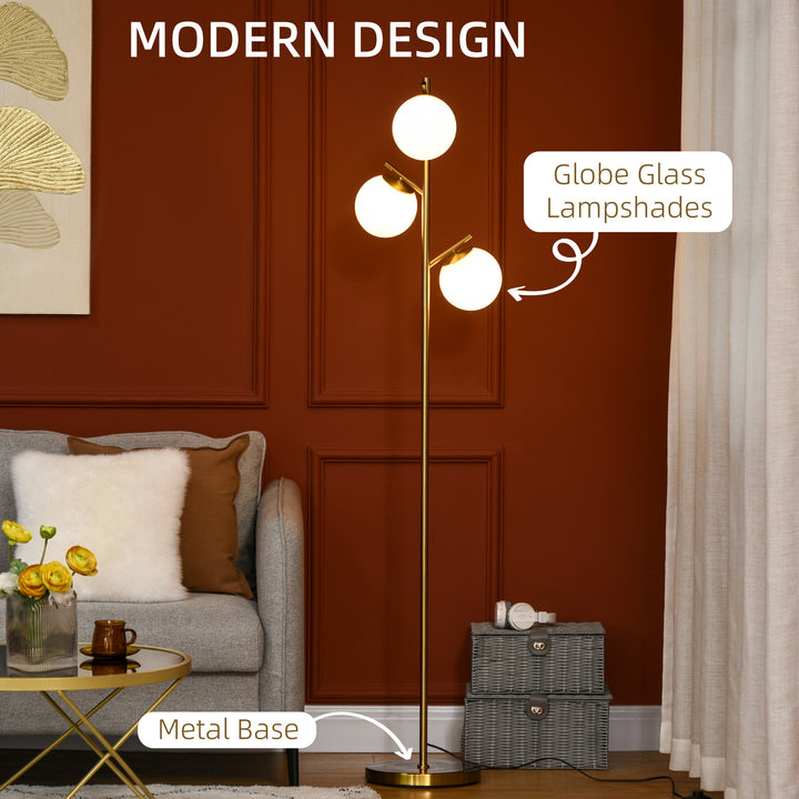 HOMCOM 3-Light Tree Floor Lamps for Living Room, Modern Standing Lamp for Bedroom w/ Globe Lampshade, Steel Base, Gold Tone | Aosom UK