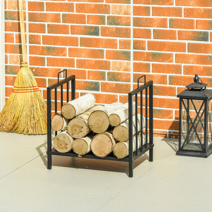 Metal Firewood Log Holder Indoor Outdoor Firewood Rack Fireplace Wood Storage Shelf w/ Handles, Rust-Resistant, Black, 39L x 32.5W x 46Hcm