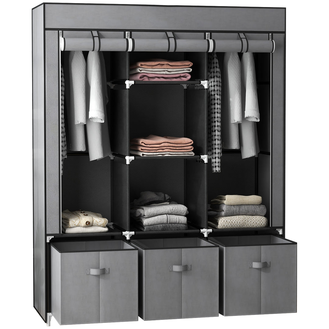 Fabric Wardrobe for Bedroom, Portable Wardrobe with 5 Shelves, 2 Hanging Rails and 3 Fabric Drawers, Foldable Closet, 125 x 43 x 162.5cm, Dark Grey