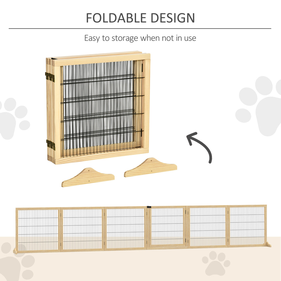 Wooden Pet Gate, Freestanding Dog Safety Barrier with Two Support Feet - Natural Tone