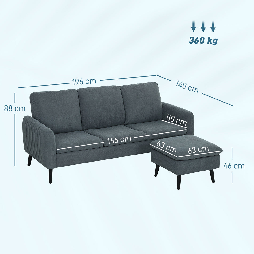 3 Seater Sofa with Ottoman, 196cm Corduroy L-shaped Sofa Couch with Scatter Back, Reversible Chaise Lounge for Living Room, Home Office, Small Spaces, Charcoal Grey