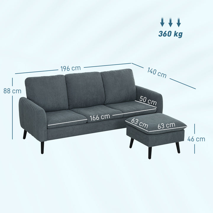3 Seater Sofa with Ottoman, 196cm Corduroy L-shaped Sofa Couch with Scatter Back, Reversible Chaise Lounge for Living Room, Home Office, Small Spaces, Charcoal Grey