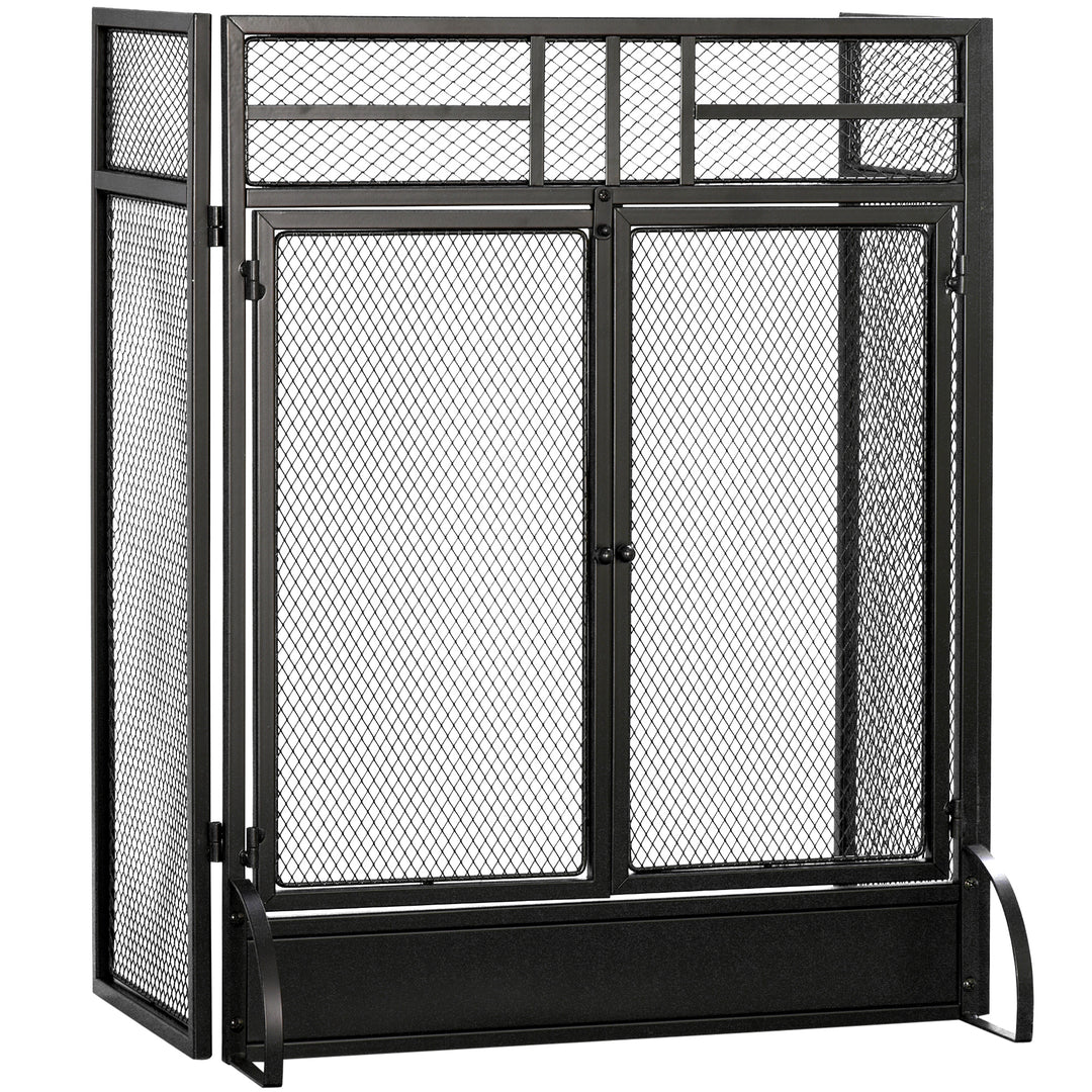 MCL 3-Panel Folding Fireplace Screen with Door, Freestanding Spark Guard, Metal Mesh Fireguard, Black