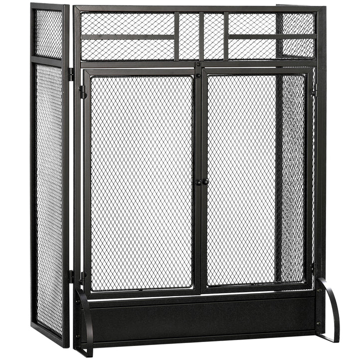 MCL 3-Panel Folding Fireplace Screen with Door, Freestanding Spark Guard, Metal Mesh Fireguard, Black