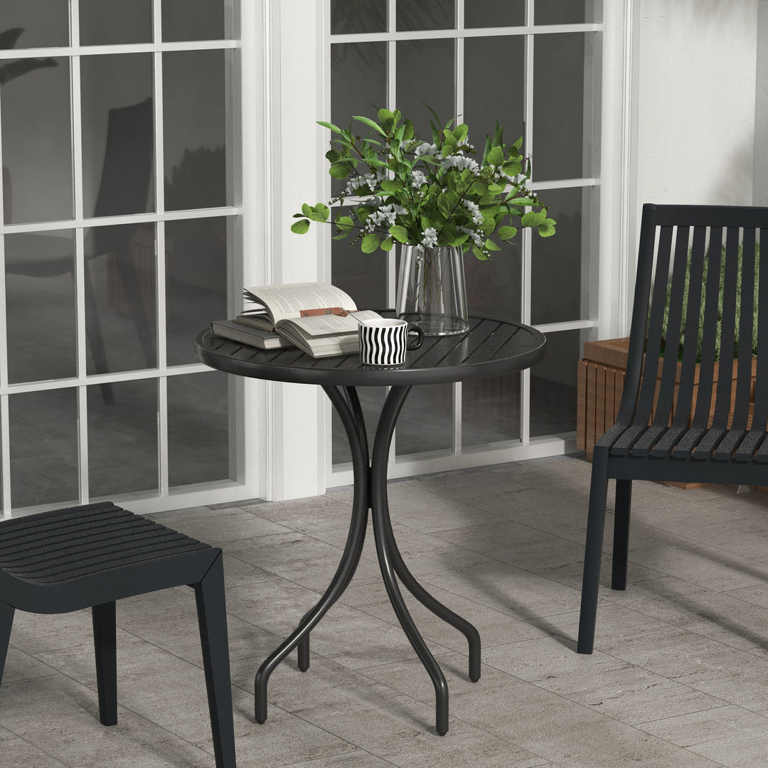 Outsunny Garden Side Table: 66cm Round Patio Accent with Metal Frame & Slatted Top, Jet Black | Aosom UK