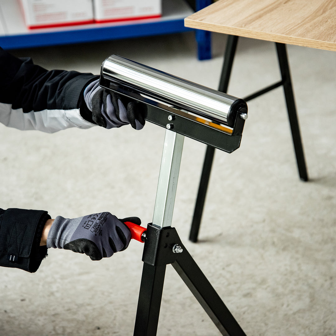 MCL Folding Roller Stand, Material Support Pedestal with Ball Bearing Roller Height Adjustable Portable, Metal Construction, Black