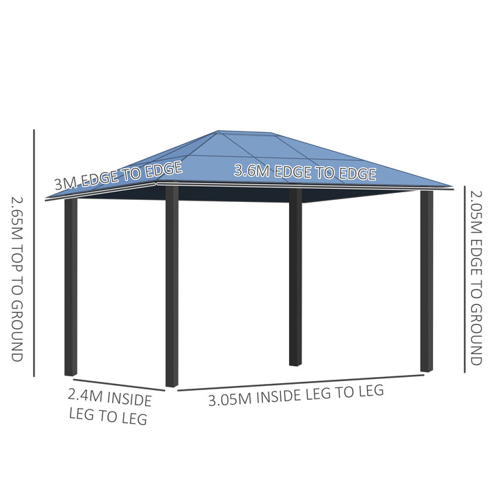 3 x 3.6m Polycarbonate Hardtop Gazebo with LED Solar Light and Aluminium Frame, Garden Pavilion with Mosquito Netting and Curtains