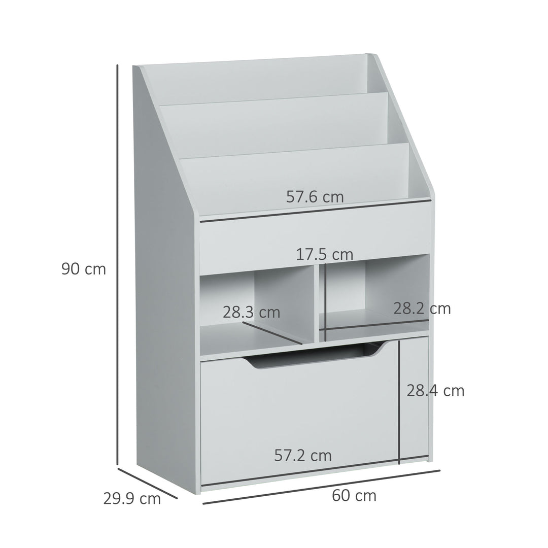 HOMCOM Kids Bookshelf with Storage Drawer, Children's Bookcase with Wheels, Toy Organiser for Bedroom, Playroom, Grey