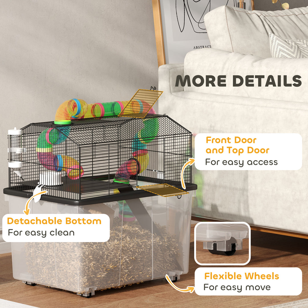 Two-Tier Hamster Cage with 31cm Deep Tray, Tube System, Water Bottle, Ramp, Feeding Bowl, Multicoloured