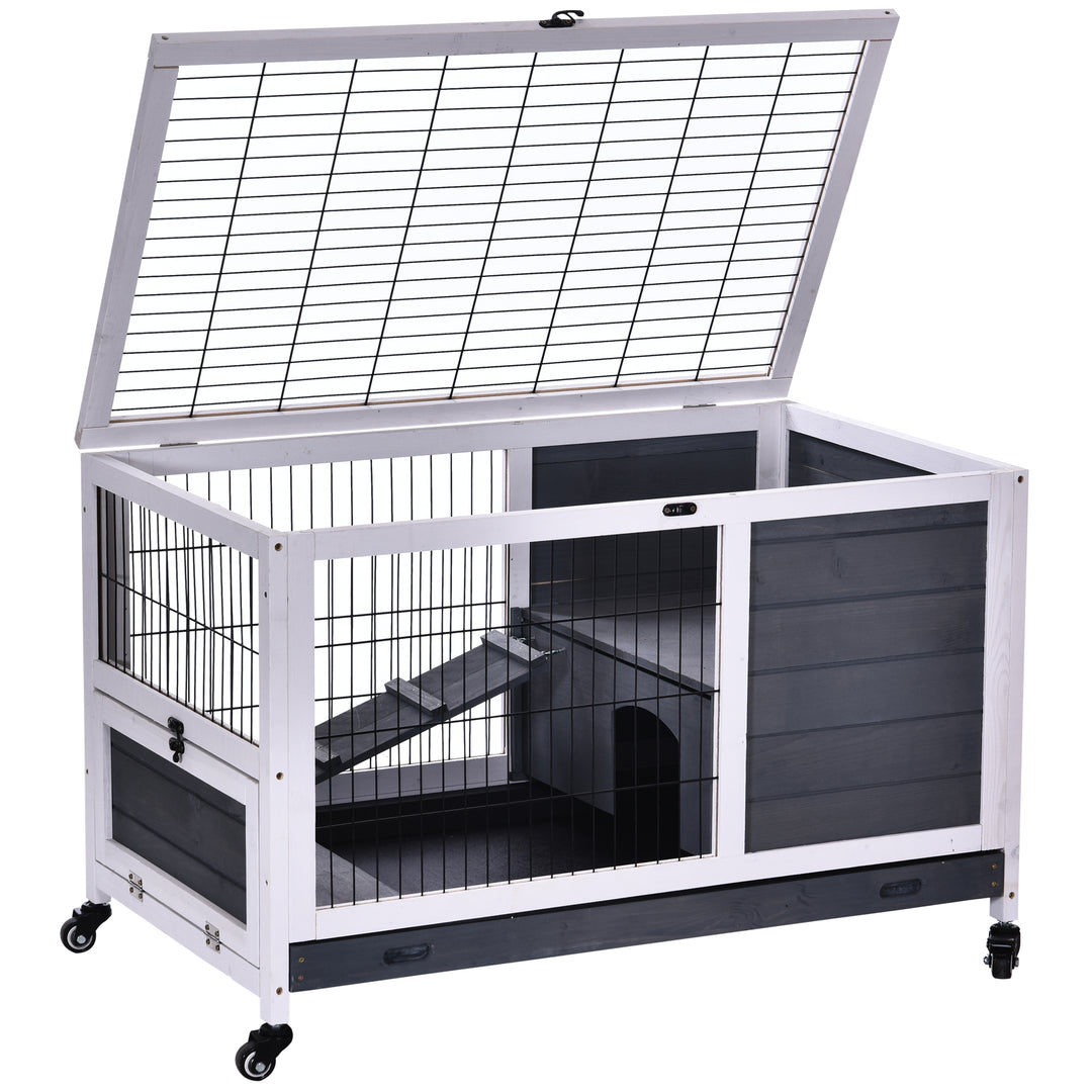 Wooden Guinea Pig Hutch, 2-Floor Bunny Cage w/ Enclosed Run Area, Grey