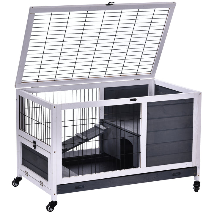 Wooden Guinea Pig Hutch, 2-Floor Bunny Cage w/ Enclosed Run Area, Grey