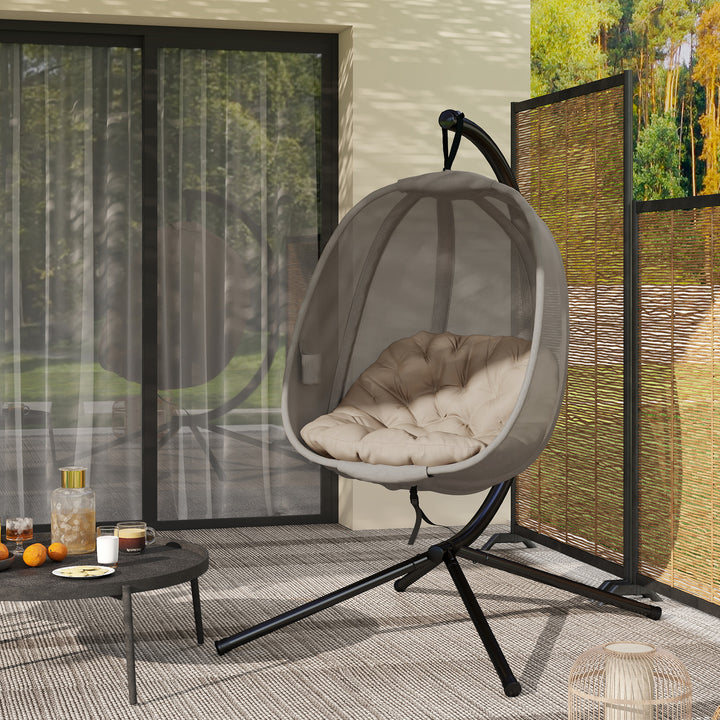 Hanging Egg Chair, Folding Texteline Swing Hammock with Side Pocket, Cushion and Stand for Indoor Outdoor, Patio Garden Furniture, Khaki