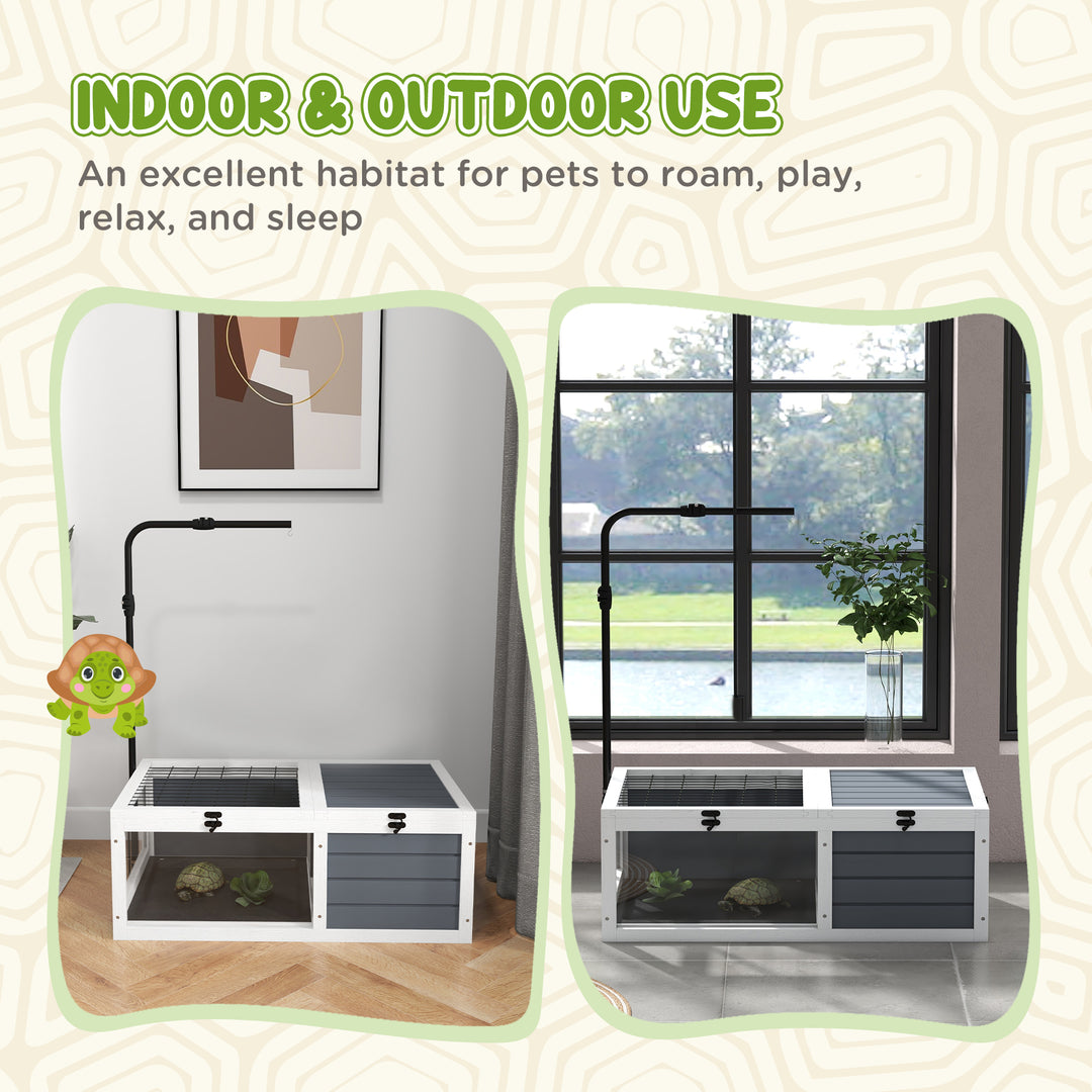 Tortoise Table with Adjustable Lamp Holder, Wooden Tortoise House w/ Openable Lids, Pull-Out Trays - Grey