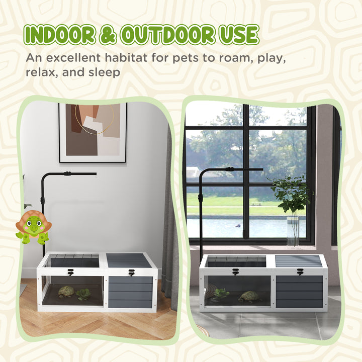 Tortoise Table with Adjustable Lamp Holder, Wooden Tortoise House w/ Openable Lids, Pull-Out Trays - Grey